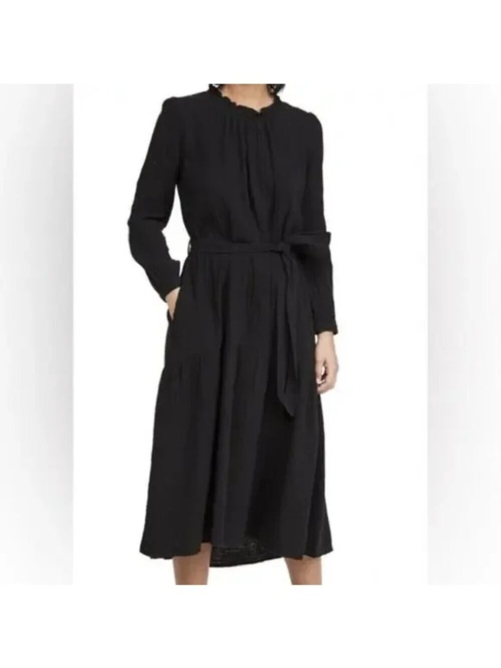 Xirena Luna Cotton Gauze Tiered Belted Ruffle Midi Dress Black Size MEDIUM